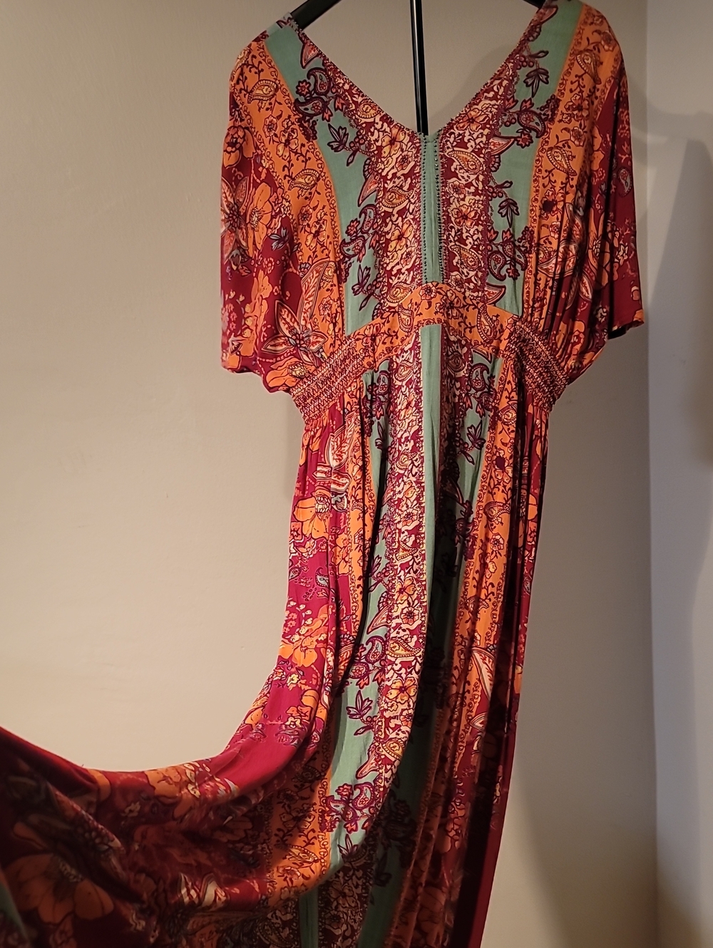 Nostalgia Multicolor Floral Boho Hippie Chic Maxi Dress with Beaded Neckline